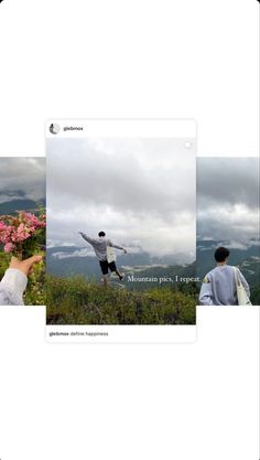 two people standing on top of a grass covered hill next to pink flowers and clouds