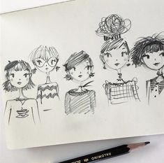 a pencil drawing of four people with different hair styles and hairstyles on them