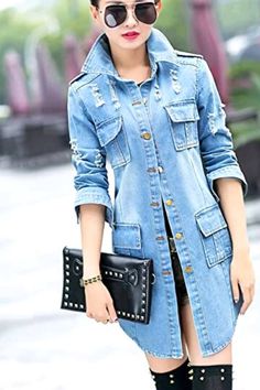 Tanming Women's Casual Distressed Denim Jacket Long Sleeve Ripped Jean Jacket Coat Slim Cardigan, Long Denim Jacket, Denim Trench Coat, Oufits Casual, Denim Outerwear, Distressed Denim Jacket, Denim Coat Jacket, Denim Jacket Women, Denim Jean Jacket