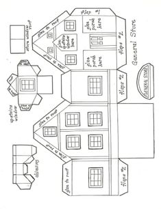 a paper model of a house with furniture and floor plans on the front, top and bottom