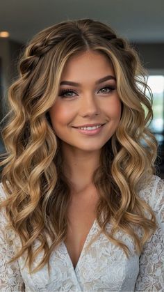 Some Up Some Down Hairstyles Bridesmaid, Medium Down Wedding Hair, Waves With Braid Hairstyle, Homecoming Hair Ideas Down, Bridesmaid Hairstyles Medium Length Curly, Long Hair Down Styles Wedding, Party Hair Half Up Half Down, Half Up Half Down Formal Hairstyle, Bridesmaid Hair Ideas Down Curly