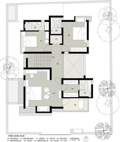 the floor plan for a modern house with two levels and three bedroom, one living area