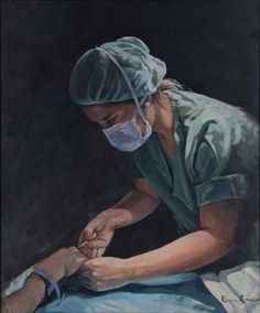 a painting of a nurse doing surgery on someone's leg