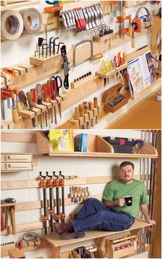 a man is sitting on a work bench with many tools hanging up against the wall