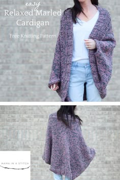 a woman wearing a purple cardigan and jeans, with text overlay that reads easy relaxed knitted cardigan free knitting pattern