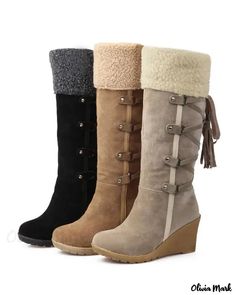 Olivia Mark - Mid-calf wedge boots with laces and fuzzy details Barefoot Shoes Woman, Winter Wedges, Ladies Long Boots, Women's Spring Fashion, Knee High Wedge Boots, Hak Tinggi, Knee High Boots Winter, Women's Winter Fashion, Fur Snow Boots