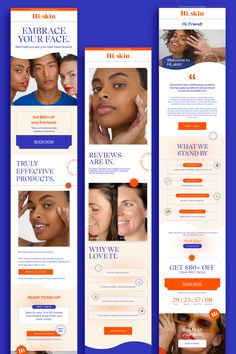 three different webpages for beauty products on blue background with orange and white accents