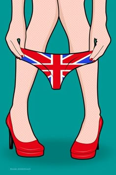 a woman's legs in high heels with the flag of england on her panties