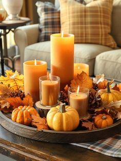 #homedecor, #interiordesign, #homedesign, #decor inspiration Seasonal Table Decor, Autumn Candles Decoration, Autumnal House, Candle Display Ideas, Home Fall Decor Ideas, Colorful Tablescapes, Fall Candle Decor, Autumn Core, Fall Home Decor Ideas