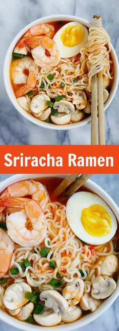 two bowls of shrimp ramen with an egg on top