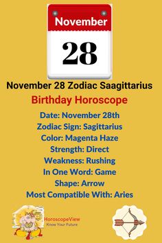 a yellow poster with the date and time for zodiac sagittrius birthday horoscope