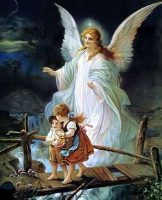 an angel with two children on a bridge