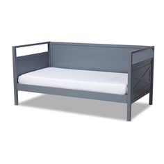 a gray daybed with white sheets and no mattresses on it, against a white background