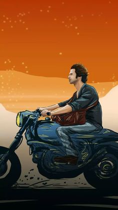 a man riding on the back of a blue motorcycle in front of an orange sky