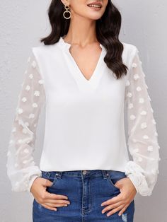 White Boho  Long Sleeve Polyester Plain Top  Non-Stretch Spring/Fall Women Tops, Blouses & Tee White Bishop Sleeve Blouse For Spring, White Long Sleeve Modern Blouse, White Lantern Sleeve Blouse With Elastic Sleeves, Shein White Blouse, White Floral Print Blouse With 3/4 Sleeves, Frill Blouse, Bishop Sleeve, Plain Tops, Swiss Dot