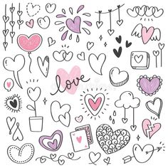 hand drawn hearts and other doodles on a white background with the word love written in it