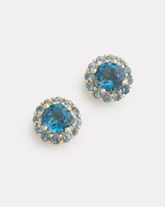 18K Yellow Gold Small Blossom Stud with London Blue Topaz and Aquamarine3/8 Inch Diameter Style# YESFLBAQ Aquamarine Earrings Studs, Tahitian Black Pearls, Asymmetrical Earrings, Yellow Diamond Rings, Imperial Topaz, Sunflower Earrings, Rectangle Earrings, Floral Studs, Aquamarine Earrings