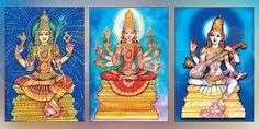 three paintings of lord ganesha and the four avatars in their respective colors