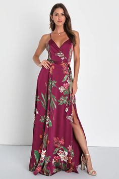 Burgundy Floral Dress - Floral Print Dress - Surplice Maxi Dress - Lulus Pink Satin Dress For Garden Party, Fitted Satin Maxi Dress With Floral Print, Satin Floral Print Party Dress, Floral Satin Maxi Dress For Date Night, Satin Floral Print Maxi Dress For Date Night, Green Satin Dress With Floral Print, Green Floral Print Satin Dress, Satin Maxi Dress For Garden Party, Pink Satin Maxi Dress For Date Night