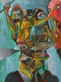 an abstract painting with many different colors and shapes on the face, including two people holding umbrellas