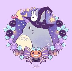 an image of a totoro surrounded by flowers and stars on a purple background