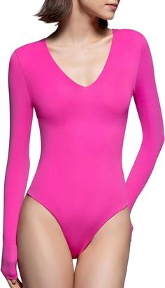 Amazon.com: PUMIEY Women's V Neck Long Sleeve Bodysuits Double Lined Body Suits Slimming Shirts Going Out Tops, Blush Large : Clothing, Shoes & Jewelry Long Sleeve Body Suit, Pink Bodysuit, Square Neck Top, Black Square, Shoes Jewelry