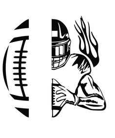 a black and white drawing of a football player with a helmet on his head holding a ball