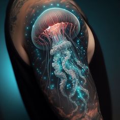 a man's arm with a jellyfish tattoo on it and blue lights in the background