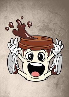 a cartoon character with chocolate on his head and hands in the air, holding two plates