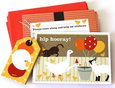 three cards with animals and balloons on them, one has a tag that says hip hooray