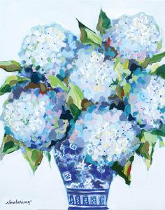 a painting of blue and white flowers in a vase