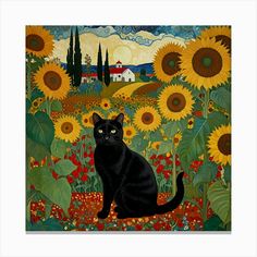 a black cat sitting on top of a field of sunflowers