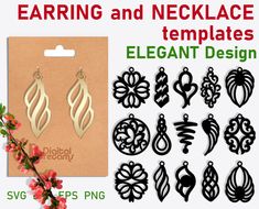 earrings and necklace templates for elegant design with flowers on the bottom, in black and white