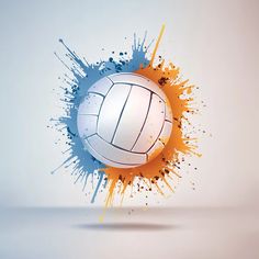 a volleyball ball with paint splatters around it on a light blue and orange background