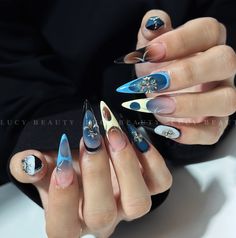 Line Work Acrylic Nails, Nocturnal Wonderland Nails, Nail Ideas Extra, Extra Nails Designs, 3d Gel Nails, Press On Nails Almond, Classy Acrylic Nails, Almond Acrylic Nails