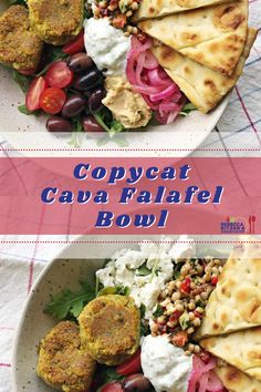 two plates filled with different types of food and the words copycat cavafalfa bowl