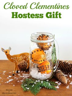 a jar filled with oranges sitting on top of a table next to pine cones