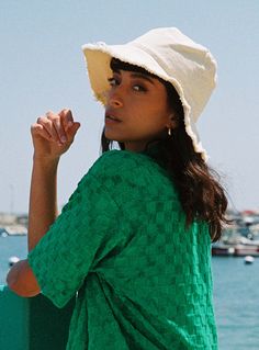 Bucket hat Oversized soft brim Raw cut hem Unlined Green Wide Brim Cloche Hat For Summer, Green Cloche Hat With Curved Brim For Beach, Summer Green Wide Brim Cloche Hat, Cream Summer Bucket Hat, Brimmed White Bucket Hat, White Bucket Hat, One Size Fits Most, Green Wide-brim Cloche Hat For Summer, Cream Brimmed Bucket Hat, One Size, Cream Bucket Hat, One Size