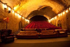 an empty theater with red seats and brown couches