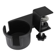 a black plastic cup holder with two screws