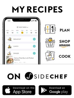 an iphone with the text my recipes on sidecheef and app store below it