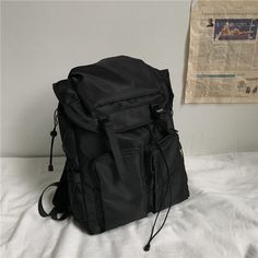 Closure Type: Pull-belt Material: Nylon Features: Wear Resistance, Earthquake Resistance, Expansion, Burden Reduction Pattern: Solid Color Style: Street Trend Fashion Element: Sewing Line Suitcase shape: Bucket Type Color: Black Gender: Neutral/Both Men and Women Harajuku Travel, Japanese Backpack, Black Backpack School, Backpacks Black, Retro Backpack, Travel Laptop Backpack, Simple Backpack, Japanese Harajuku, Dark Style