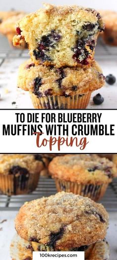 blueberry muffins with crumbled topping on top and in the middle