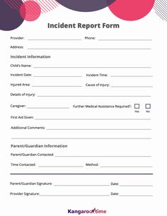 the incident report form is shown with circles and dots in pink, purple, and blue