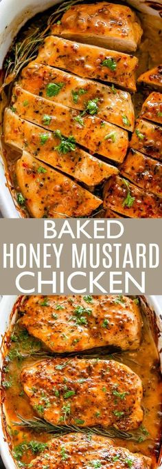 baked honey mustard chicken in a white casserole dish with the title above it