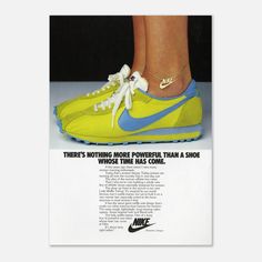 During the late 1970s, Nike made an effort to appeal to the women's sneaker market by creating a range of ads. This ad in particular, from 1978, was created to promote the Lady Waffle Trainer--a popular running shoes from the 70s. This ad has been restored and repurposed into a high quality poster, made on our lighter-weight, uncoated classic matte paper. Various sizes are available. Product Details: - 170 gsm/ 65 lb paper weight - Smooth white finish accentuates the colors and details - Each po Sneakers Poster, Magazine Sport, Shoe Advertising, Nike Ad, Shoes Print, Sport Magazine, Sneaker Posters, Basket Vintage, Vintage Sneakers