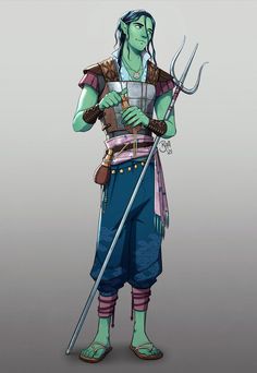 a drawing of a person holding a pitchfork and wearing blue pants with green hair, standing in front of a gray background