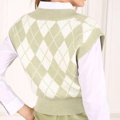 Add a splash of classic style to your wardrobe with our Grecia Knitted Sweater Vest. Featuring a charming V-neck and sleeveless design, this piece is perfect for layering over your favorite long sleeve shirts or blouses. Rendered in refreshing mint green and cream colors, it brings a bright, airy feel to any outfit. Whether you're dressing up for the office or keeping it casual for a weekend outing, this sweater vest fits seamlessly into your everyday look. Ideal for women who want to mix timele Argyle Vest, Argyle Sweater Vest, Sleeveless Knit Top, Argyle Pattern, Argyle Sweater, Leather Shorts, Plus Dresses, Sleeveless Vest