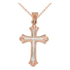 This delightful cross shaped pendant radiates with the natural warmth of beautiful 14 karat polished pink gold. This lovely pendant adds a whimsical air to a classic design and comes with an 18-inch pink gold chain for easy adornment. 14K Rose Pink and White Gold Cross Pendant Necklace with Chain Size: one size.  Gender: female.  Age Group: adult. Christian Crosses, White Gold Cross Pendant, Gold Cross Pendant, Jesus Is Life, Christian Cross, Christian Jewelry, Jesus Pictures, Jesus Saves, Cross Jewelry