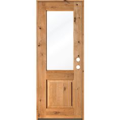 a wooden door with a glass paneled sidelight and wood frame, on an isolated white background